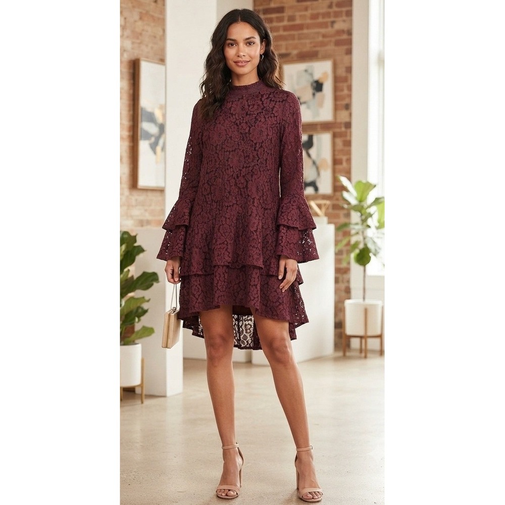 Silvia Casanuovi Lace Tiered Bell Sleeve Dress Size L Burgundy Italy Lagenlook